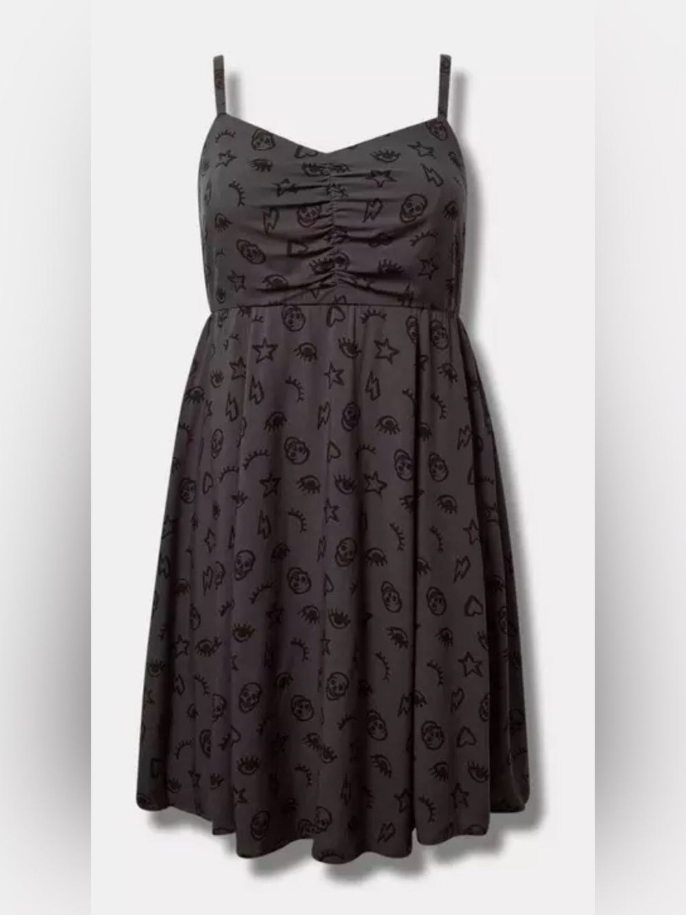 Torrid Mini Washed Challis Black Shirred Sleeveless Dress with Gothic Icon Print